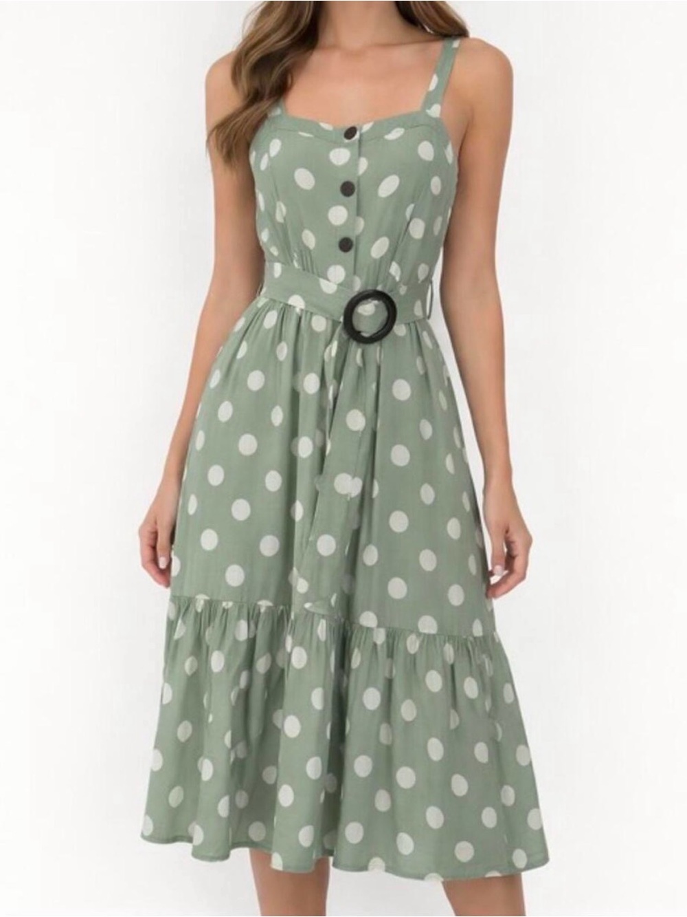 NWOT Monteau Los Angeles Sage Green & White Polka Dot Linen Midi Dress Size M